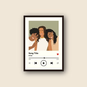 May include: A framed digital music player with a photo of three women smiling. The music player shows a song title, artist, and play controls.