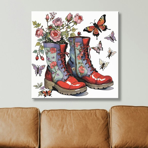 Floral Combat Boots Art Print, Digital Download, instant DIGITAL Downloadable Wall Art Print, Art Home decor art print, lace up boots poster