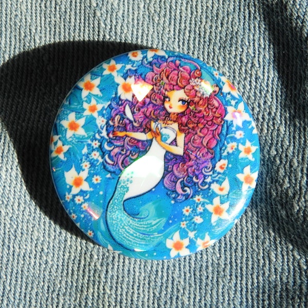 1.25" Holographic BUTTON Mermaid teal and orange PIN flair, mermaid button pin, long hair mermaid button, mermaid lover pin gift