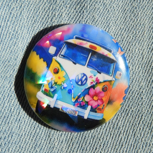 1.25" Holographic BUTTON Vintage Hippie Bus with flowers PIN flair, retro bus button pin, vintage hippie bus car button, boho bus pin gift