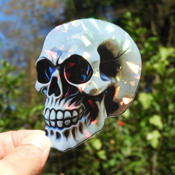 2 or 3" Sticker HOLOGRAPHIC skull STICKER water resistant vinyl 2 or 3 inches, skull scrapbook sticker, skull gift sticker, cool sticker
