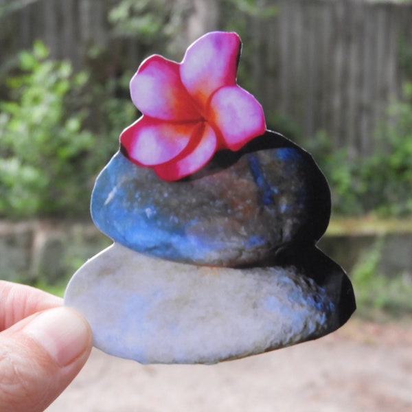 3" Sticker VINYL stacked rocks with plumeria flower STICKER water resistant vinyl 3 inches, rock sculpture sticker, meditation sticker gift