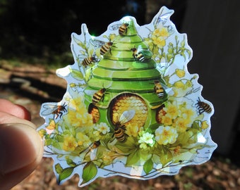 2" Sticker HOLOGRAPHIC Beehive with bees and flowers STICKER, water resistant Sticker, Bee Sticker, Bumble Bee, Honey Bee, beehive Sticker