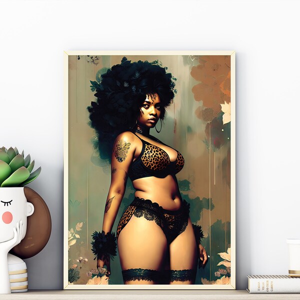 Black Girl in Lingerie with natural hair -  Fashion Print, Digital Download, instant DIGITAL Downloadable Wall Art Print, black Girl Poster