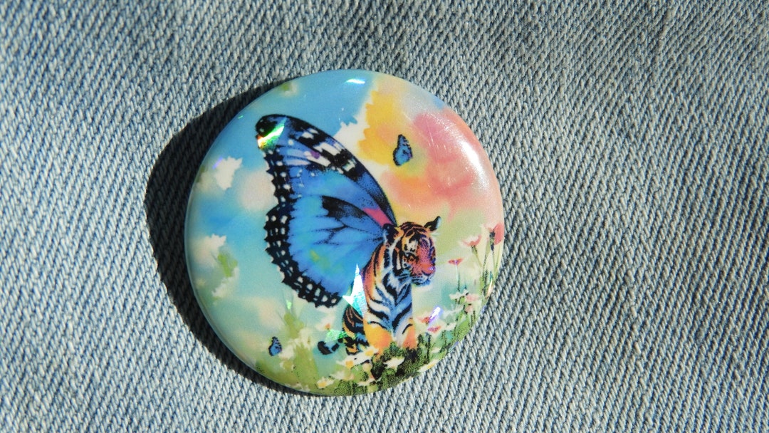 1.25 Holographic BUTTON Blue Butterfly Tiger PIN Flair, Retro Badge ...