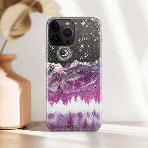 雪山クリアiPhoneケース 16e 15 Pro Max 14 Plus 13 12 Mini SE 11 パープルカバー Samsung S24 S23 Ultra S22 Plus S21 S20 ウィンターフォレスト
