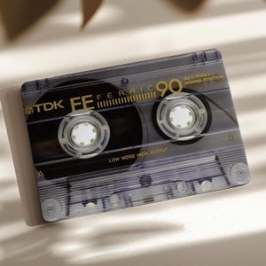 Könnte beinhalten: Eine TDK FE 90 Audiokassette mit einer transparenten Kunststoffhülle. Das Etikett zeigt goldenen Text mit der Aufschrift TDK FE FERRIC 90, IEC I TYPE I NORMAL POSITION und LOW NOISE HIGH OUTPUT. Das Band enthält zwei weiße Spulen sowie die Buchstaben A und B.
