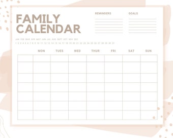 May include: A printable family calendar with a beige background and brown text. The calendar includes sections for reminders and goals. The calendar is divided into months, weeks, and days.