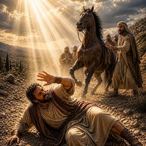 Puede incluir: Una escena dramática muestra a un hombre en el suelo, extendiendo la mano, con un caballo y varias figuras en el fondo. La imagen está bañada por la luz del sol, creando una sensación de asombro e intensidad. El escenario parece ser un entorno rocoso al aire libre.