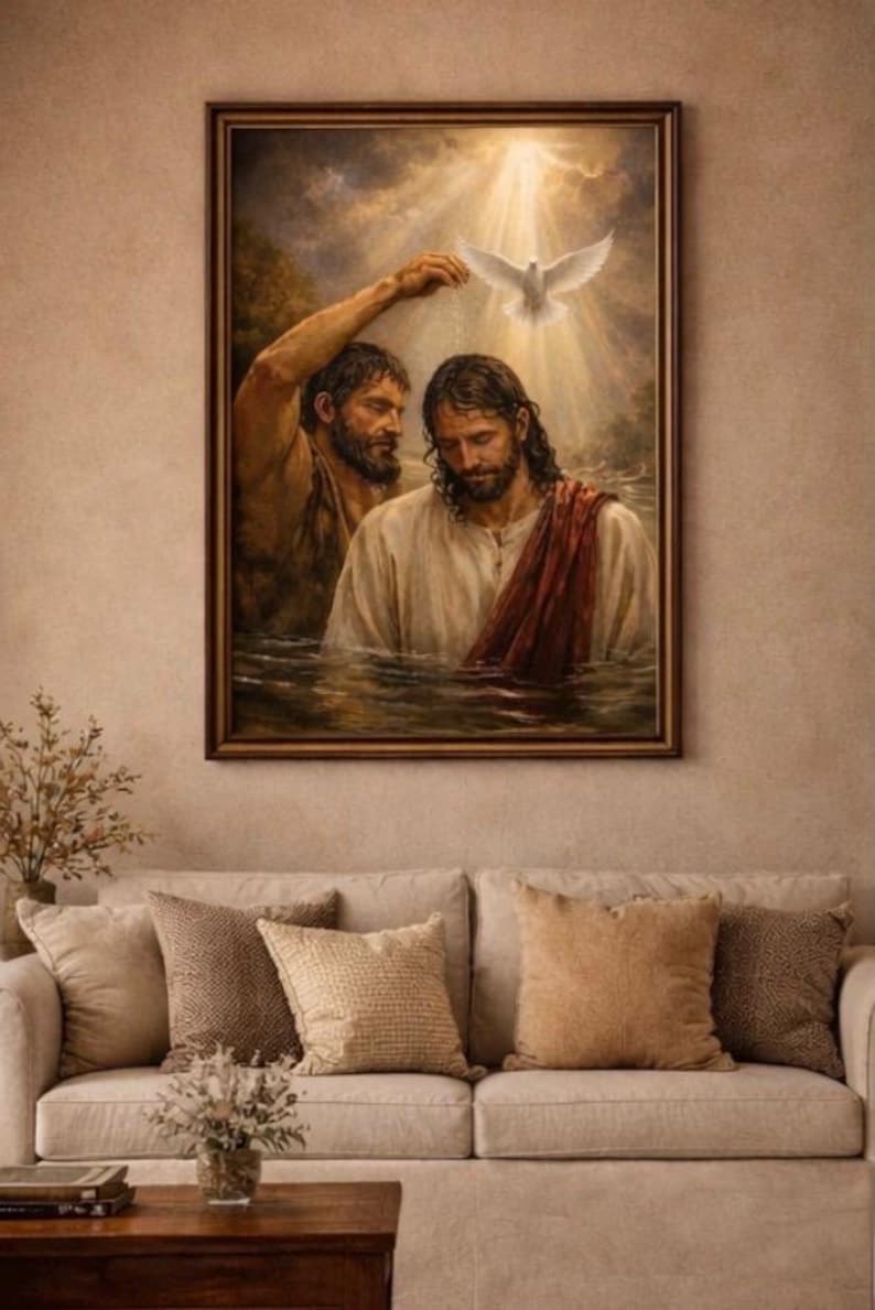 Jesus Baptism Wall Art Printable, John the Baptist Jordan River Scene ...