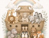 Noah’s Ark Nursery Wall Art Printable, Watercolor Animal Decor, Rainbow Baby Room, Christian Nursery Decor, Baby Shower Gift