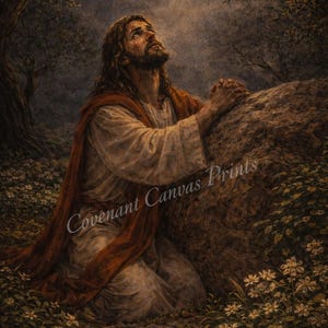 Può includere: Un dipinto religioso raffigura una figura inginocchiata in preghiera, illuminata dalla luce. La figura indossa una veste bianca e un mantello rosso, con le mani giunte. La scena è ambientata in un giardino con fiori e alberi, evocando devozione.