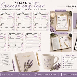 May include: A 7-day Bible reading, prayer, and reflection journal template featuring floral borders and daily prompts. The set includes printable pages for each day of the week, a reflection notebook, a Bible, and a mug with the text Be Still & Trust God.