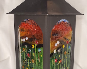 Lantern w/Wild Flower Field in Sunset, plastic, votive battery candle