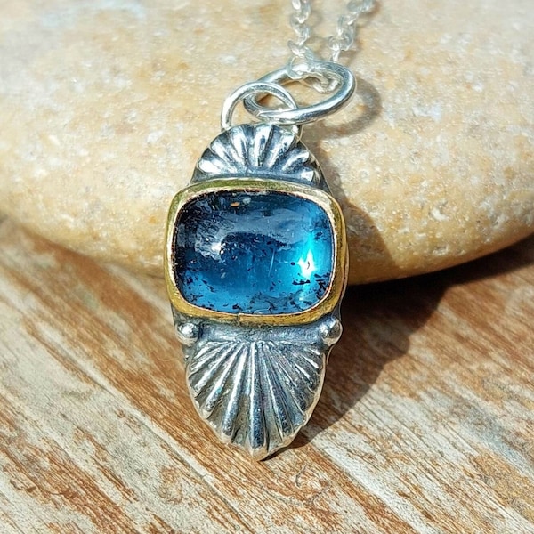 Teal Blue Kyanite gemstone necklace, Moss kyanite pendant, Handmade pendant in gold filled & sterling silver, Necklace with deep blue stone