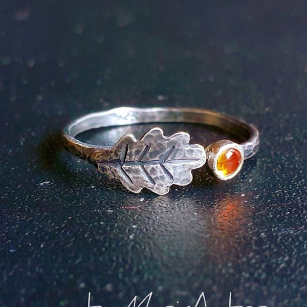 Oak leaf sterling silver ring with natural Citrine, Branch ring, Nature ring, Cottagecore forest adjustable ring