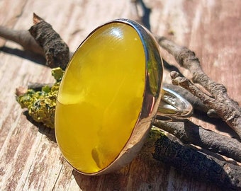 Big Natural Baltic Amber ring in sterling silver, Handcrafted adjustable size genuine amber ring, Not treated real Baltic amber