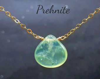 Prehnite pendant necklace, Everyday minimalist gemstone necklace, Pear shaped natural prehnite crystal sterling silver or gold filled chain