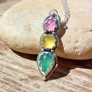 Yellow Aquamarine necklace, Pink Tourmaline necklace Multi gemstone pendant, Green Kyanite Sterling Silver natural stone handmade jewelry
