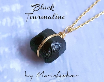 Black Tourmaline necklace, Raw tourmaline pendant necklace, Raw crystal necklace gold silver chain, Rough tourmaline pendant jewelry