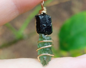 Moldavite necklace with Black Tourmaline, Authentic Moldavite pendant necklace, Black tourmaline necklace