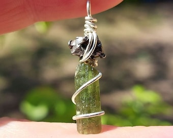 Moldavite & Meteorite pendant necklace in sterling silver, Genuine Czech certified moldavite plus Meteorite from Campo del Cielo pendant