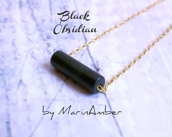 Obsidian necklace, Dainty black obsidian pendant necklace, Root chakra necklace, Protection crystal necklace gold silver chain