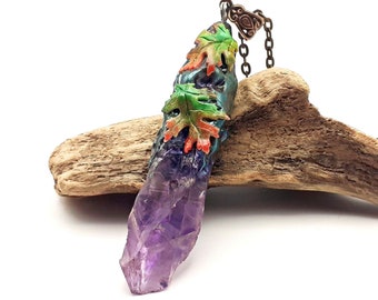Cottagecore raw crystal necklace with amethyst, Polymer clay crystal pendant necklace with leaves and amethyst point