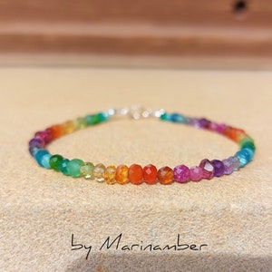 Rainbow gemstone bracelet, Natural multi stone silver bracelet with Carnelian Ruby Amethyst Tourmaline Peridot