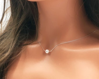 Pearl choker necklace, Freshwater pearl necklace, Single white pearl necklace, Genuine pearl necklace Sterling Silver or Gold Plated chain