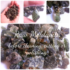 May include: Raw Moldavite, a green, glassy tektite, in various sizes and shapes. The Moldavite is shown before cleaning, cutting, or polishing.