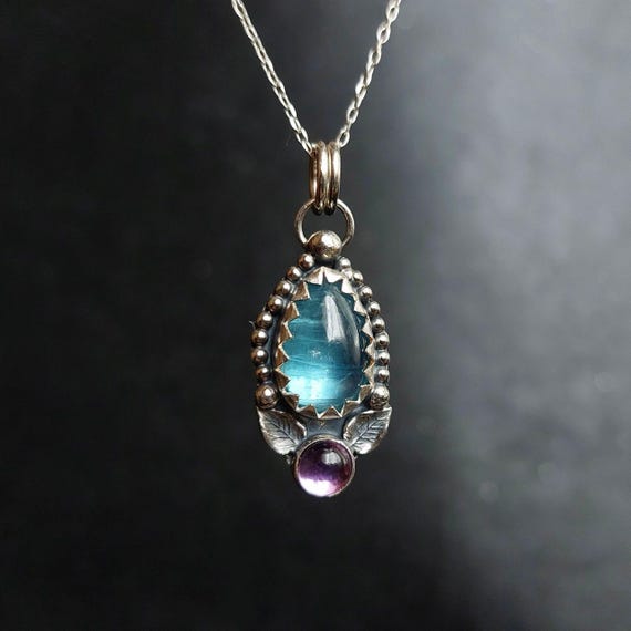 Paraiba Blue Kyanite & Amethyst pendant necklace in sterling silver, Artisan jewelry with natural gemstones