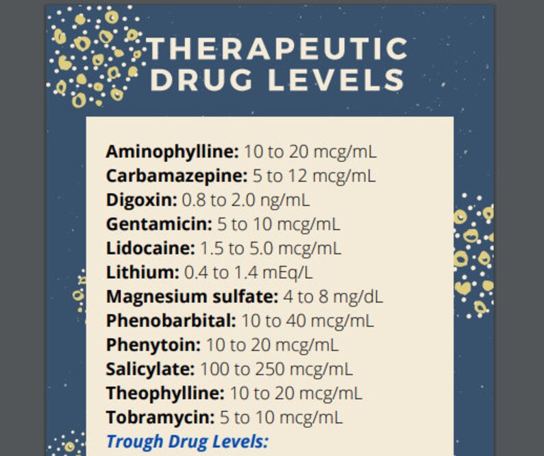 Therapeutic Drug Levels Cheat Sheet Pharmacology Etsy Singapore