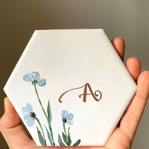 Personalized Floral Tile Art: Hand-Painted Monogram Gift with Easel