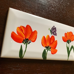 Hand Painted Floral Ceramic Tile Art: 3x6&quot; Home Decor