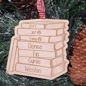 Personalized Family Names Christmas Tree Ornament for Book Lovers, Christmas Keepsake Ornament, Bookish holiday decor