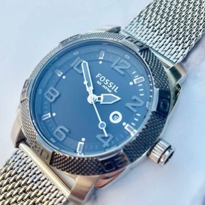 Men s Fossil Black Silver Stainless Steel Wrist Watch Etsy India