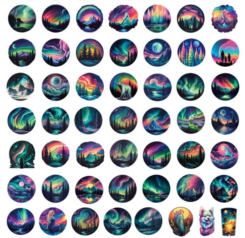 Mini Aurora Borealis Northern Lights Round Galaxy Night Sky Mountain ...