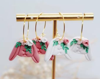 Polymer Clay Bunny Shaped Dangle Gold Hoop Earrings - Animal Easter Clay Earrings