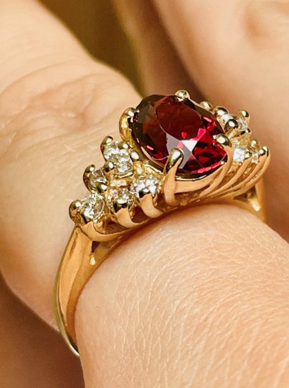 14K Gold Garnet Diamond Ring - Estate Jewelry siz… - image 4