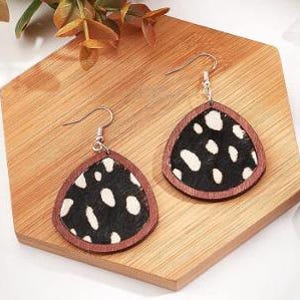 Animal Print Teardrop Earrings - Leopard Cow Cheetah Hyena Spot Fur Print Wooden Frame in Gold or Silver.
