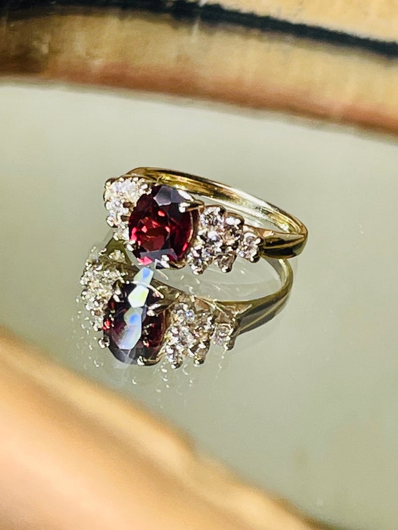 14K Gold Garnet Diamond Ring - Estate Jewelry siz… - image 6