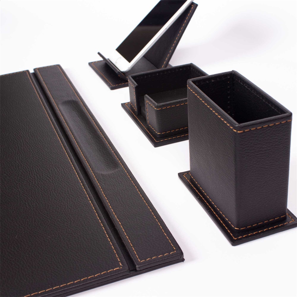 Leather Desk Set - Leather Organizer Desk Set - Walnut Wood Desk Set -  Office Product - Desk Accessories Set - 11 PCS (Black)