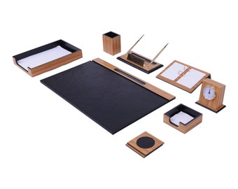 11 Pieces Wooden and Leather Desk Set - Office Desk Accessories, Wood Desk Organizer