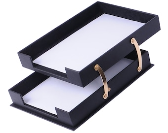 Double Leather Paper Tray - Leather Document Tray - Letter Tray - Desk Organizer
