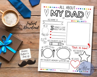 May include: Printable "All About My Dad" worksheet with a heart, stars, and a speech bubble. The worksheet has sections for the child to fill in information about their dad, including his name, age, favorite color, and hobbies.