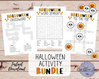 Halloween Activity Bundle INSTANT DOWNLOAD, Word Search, Crossword Puzzle, Tic Tac Toe, Halloween Games, Kids Halloween Printable