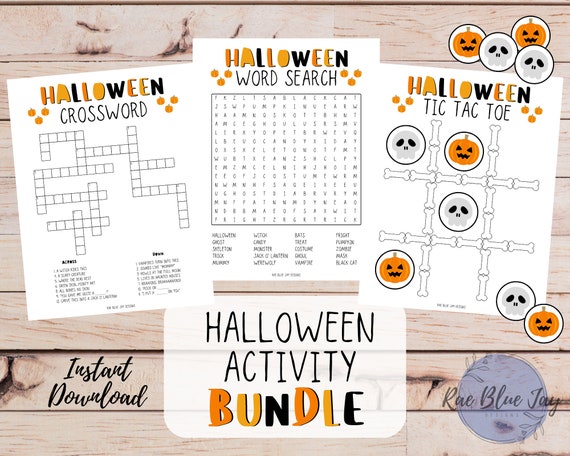 Halloween Activity Bundle INSTANT DOWNLOAD, Word Search, Crossword Puzzle, Tic Tac Toe, Halloween Games, Kids Halloween Printable