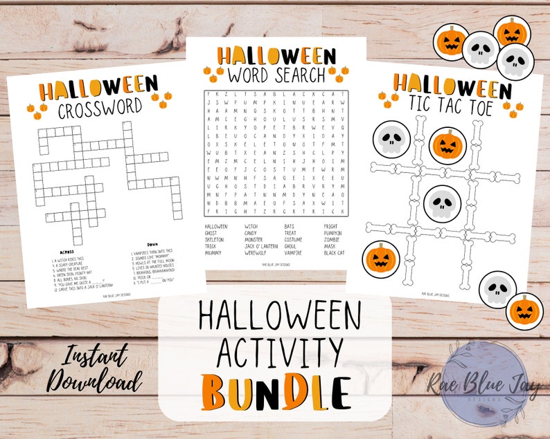 May include: A printable Halloween activity bundle with three games: a crossword puzzle, a word search, and a tic-tac-toe game. The games feature Halloween-themed words and images, such as ghosts, bats, pumpkins, and witches.