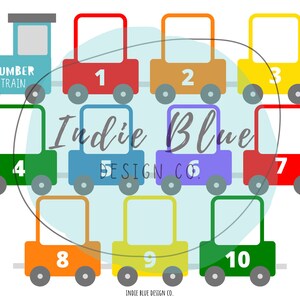 May include: A colorful toy train with ten cars, each car is a different color and has a number on it. The train is labeled "Number Train".